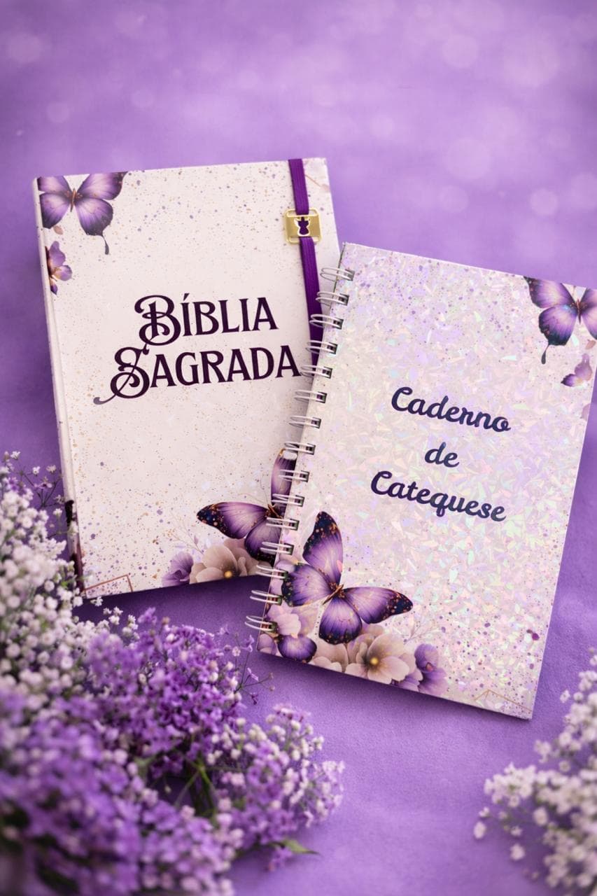 Bíblia Sagrada e Caderno de Catequese com acabamento em borboletas